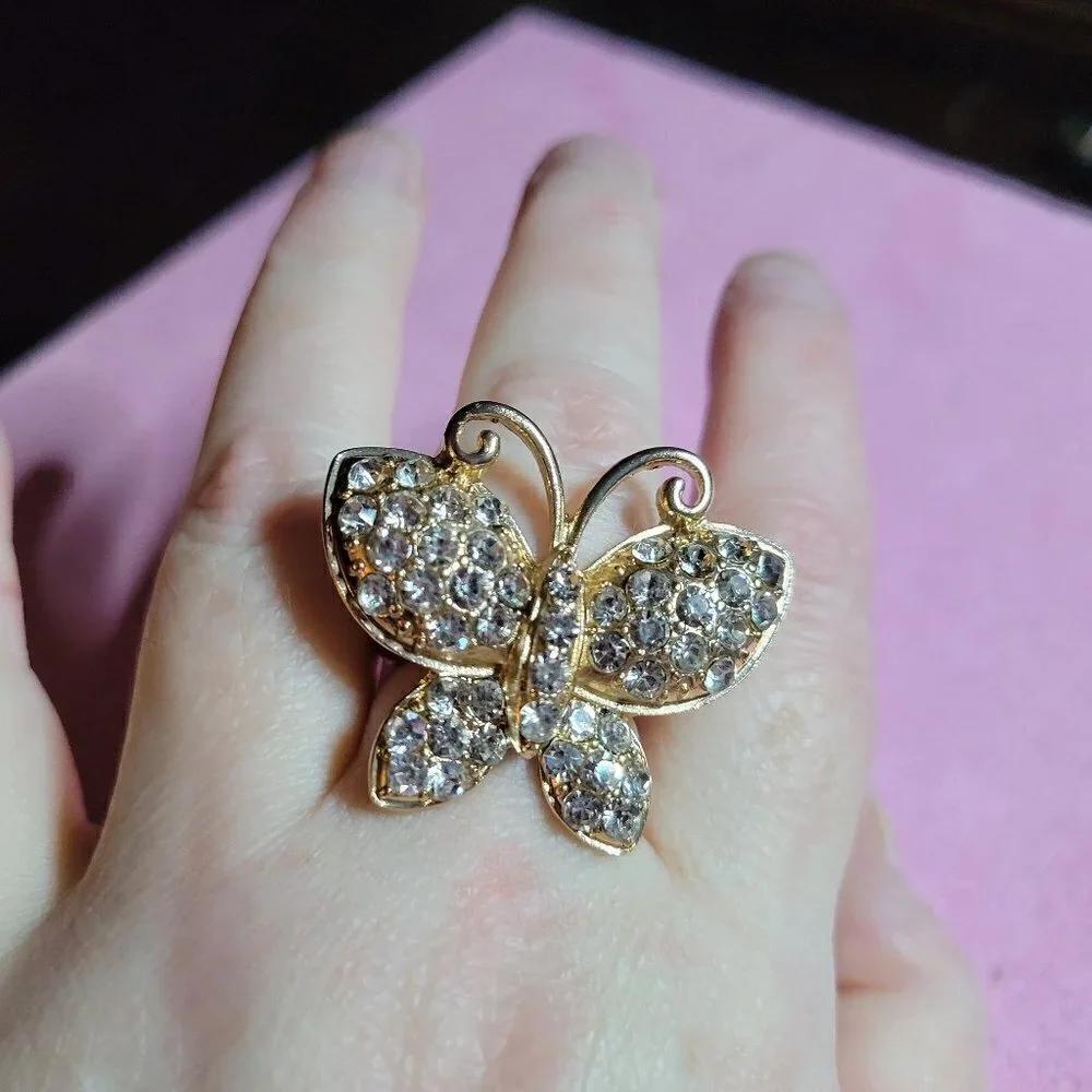 JTV Off Park Crystal Butterfly Gold Tone Stretch Ring
